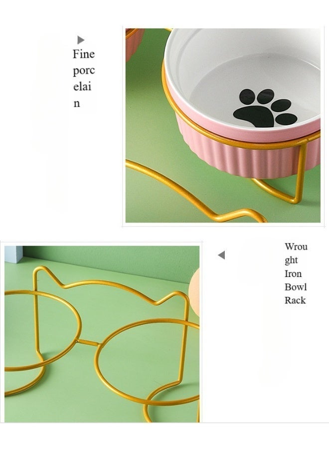 Oldzhan kitten, baby cat, cat bowl, iron frame ceramic double bowl, diagonal mouth pet bowl, protective neck, striped cat food bowl, cat food bowl, drinking bowl (set) - Image 3